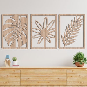 Palm Leaf Wood Wall Art: Tropical Flower Panel Set of 3