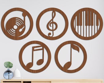 Musical Set of 5 Wood Wall Art, Musician Room, Note Wall Art, Gift For Musicians, Notes of Wood, Music View Indoor, Home Decoration