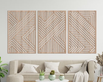 Geometric Abstract Lines Set of 3, Modern Triptych Home Decor, Abstract Lines Artwork, Elegant Wood Art Panels, Unique Artistic Display