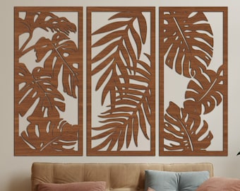 Tropical Leaves Wall Art – Set of 3 Panels – Boho Palm Leaf Wooden Wall Decor – Natural Minimalist Wood Art for Living Room or Bedroom