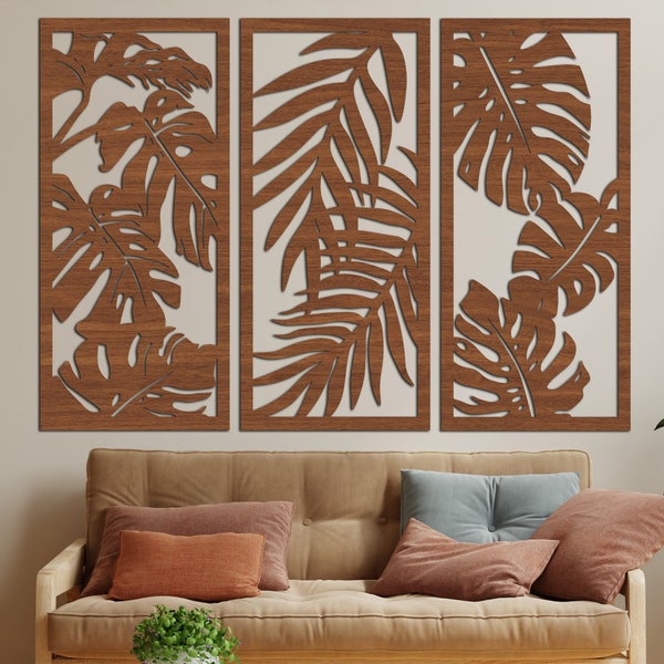 Tropical Leaves Wall Art Set of 3, Handcrafted Wood Decor, Boho Chic Palm Leaf Decor, Set of 3 Wood Wall Art, Natural Wood Palm Leaf Art