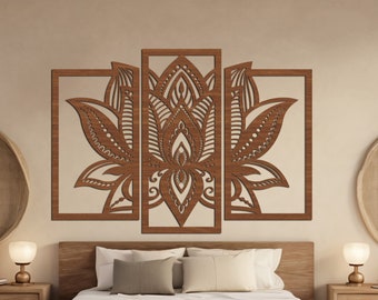 Lotus Mandala Flower Panel Set - 3-Piece Wood Wall Art, Zen Home Decor, Spiritual Gift for Housewarming, Mandala Flower Triptych Wall Decor