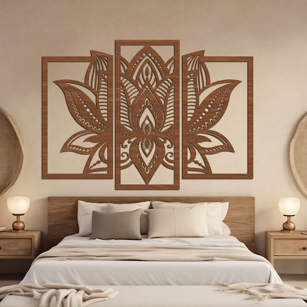Ensemble de panneaux de fleurs de mandala de lotus – Art mural en bois 3 pièces, décoration d'intérieur zen, cadeau spirituel pour pendaison de crémaillère, décoration murale triptyque de fleurs de mandala