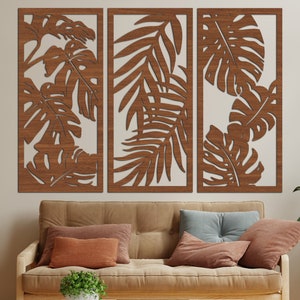 Tropical Leaves Wall Art – Set of 3 Panels – Boho Palm Leaf Wooden Wall Decor – Natural Minimalist Wood Art for Living Room or Bedroom
