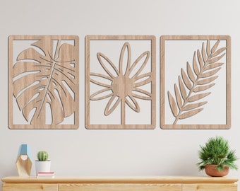 Palm Leaf With Flower Panel Set of 3 Wood Wall Art, Handcrafted Home Decor, Decorative Panel Wall Decor, Exotic Palm Flower Wood Panels