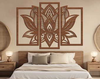 Lotus Mandala Wood Wall Art, Floral 3 Panel Set, Boho Sacred Geometry Decor