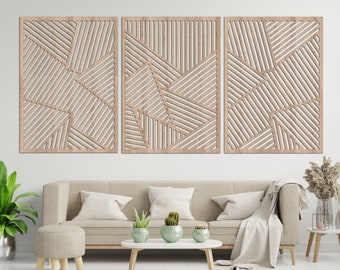 Geometric Lines Panel Set of 3 Wood Wall Art, Geometric Panel View İndoor Home Decoration, Modern Wood Art, Abstract Wood Wall Art