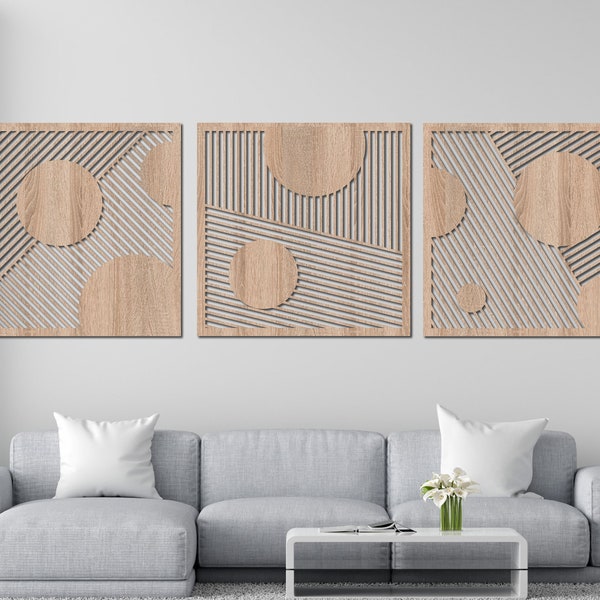 Modern Geometric Wood Wall Art Panels Set of 2-3, Abstract Lines Design, Abstract Line View Indoor Home Decoration, Wood Wall Decor