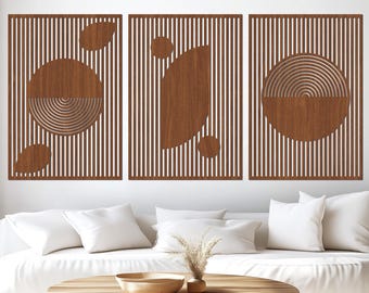 Boho Japandi houten muurkunst: Bauhaus geometrische panelen - set van 3