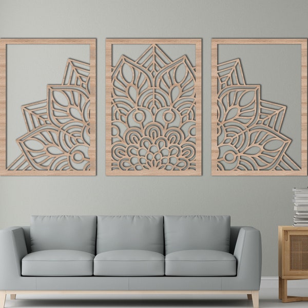 Mandala con panel de flores conjunto de 3 arte de pared de madera, hermosa decoración de pared de flores mandala, paneles de madera de flores mandala exóticos, decoración de pared de madera