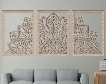 Mandala con panel de flores conjunto de 3 arte de pared de madera, hermosa decoración de pared de flores mandala, paneles de madera de flores mandala exóticos, decoración de pared de madera