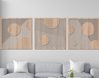 Modern Geometric Wood Wall Art: Abstract Line Panels, Set of 3