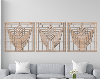 Frank Lloyd Wright Inspired Wall Art – Dana House Design – Set of 3 Panels – Architectural Wood Wall Decor – Geometric Prairie Style