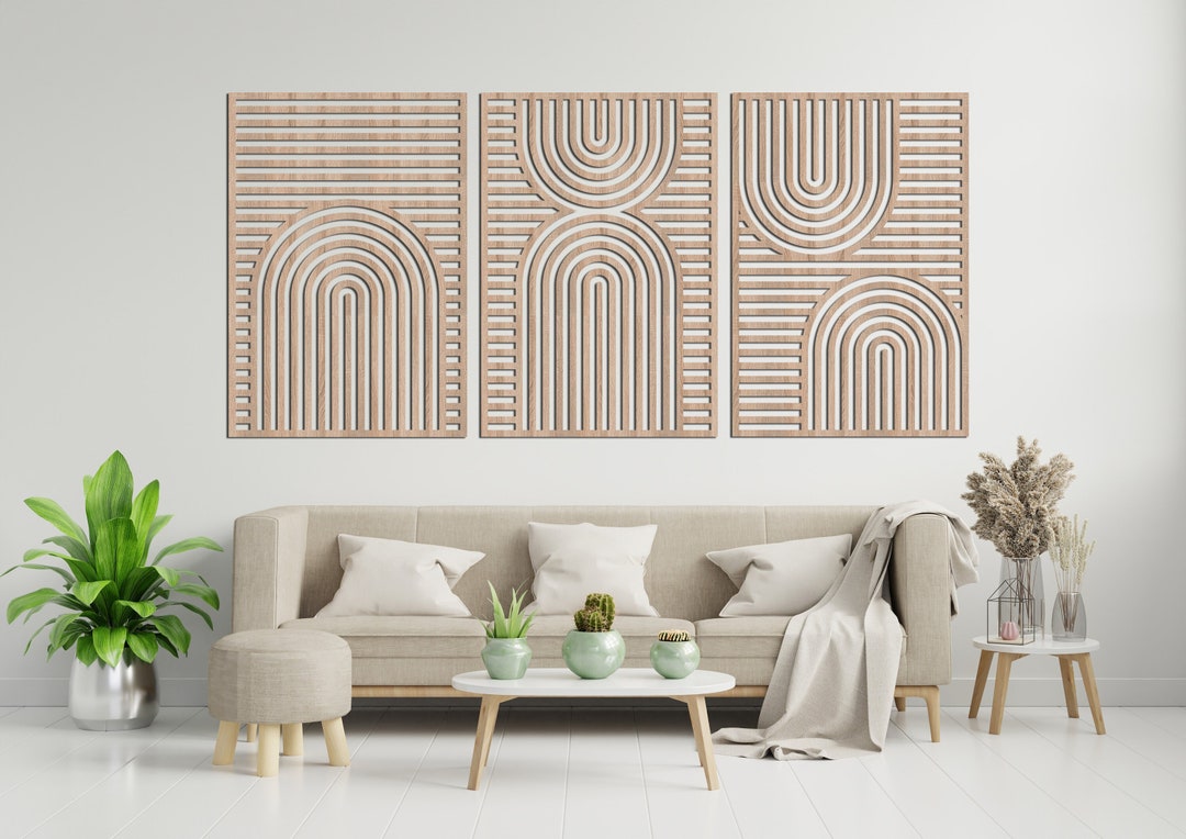 Rustic Boho Beauty Set of 3 Mid Century Wood Wall Art, Geometric Panel ...