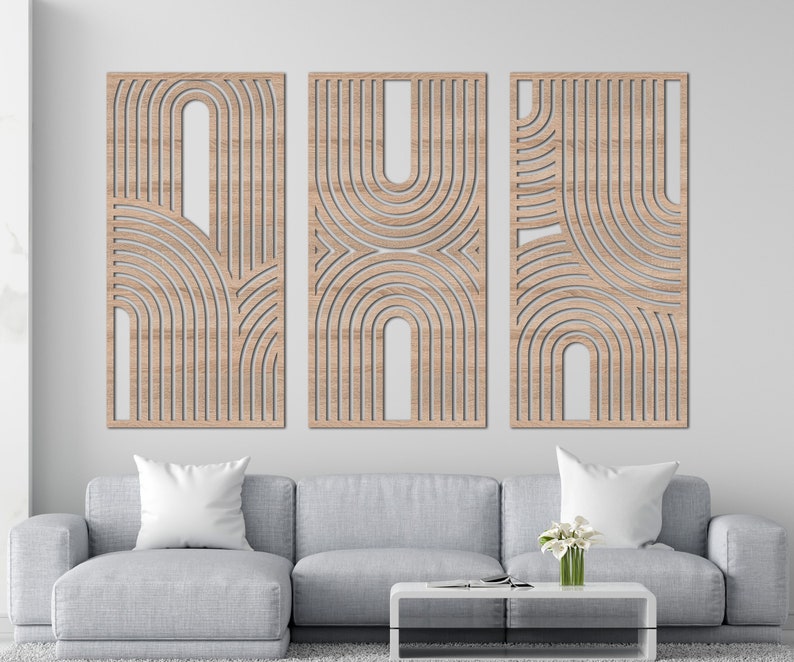 Mid Century Geometric Wood Wall Art: Modern Home Decor Set of 3 - Etsy