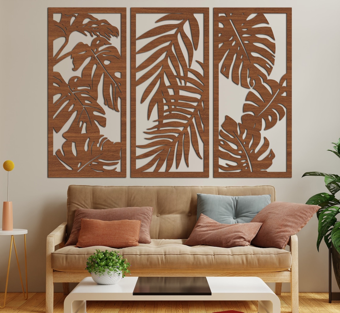 Tropical Leaves Wall Art Set of 3, Handcrafted Wood Decor, Boho Chic