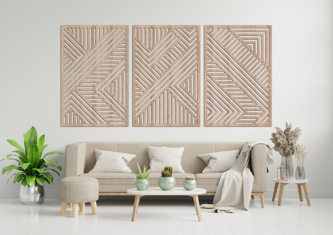 Geometric Abstract Lines Wood Wall Art – Set of 3 Modern Panels ...