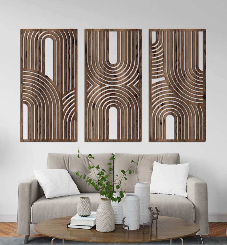 Mid Century Geometric Wood Wall Art: Modern Home Decor Set of 3 - Etsy