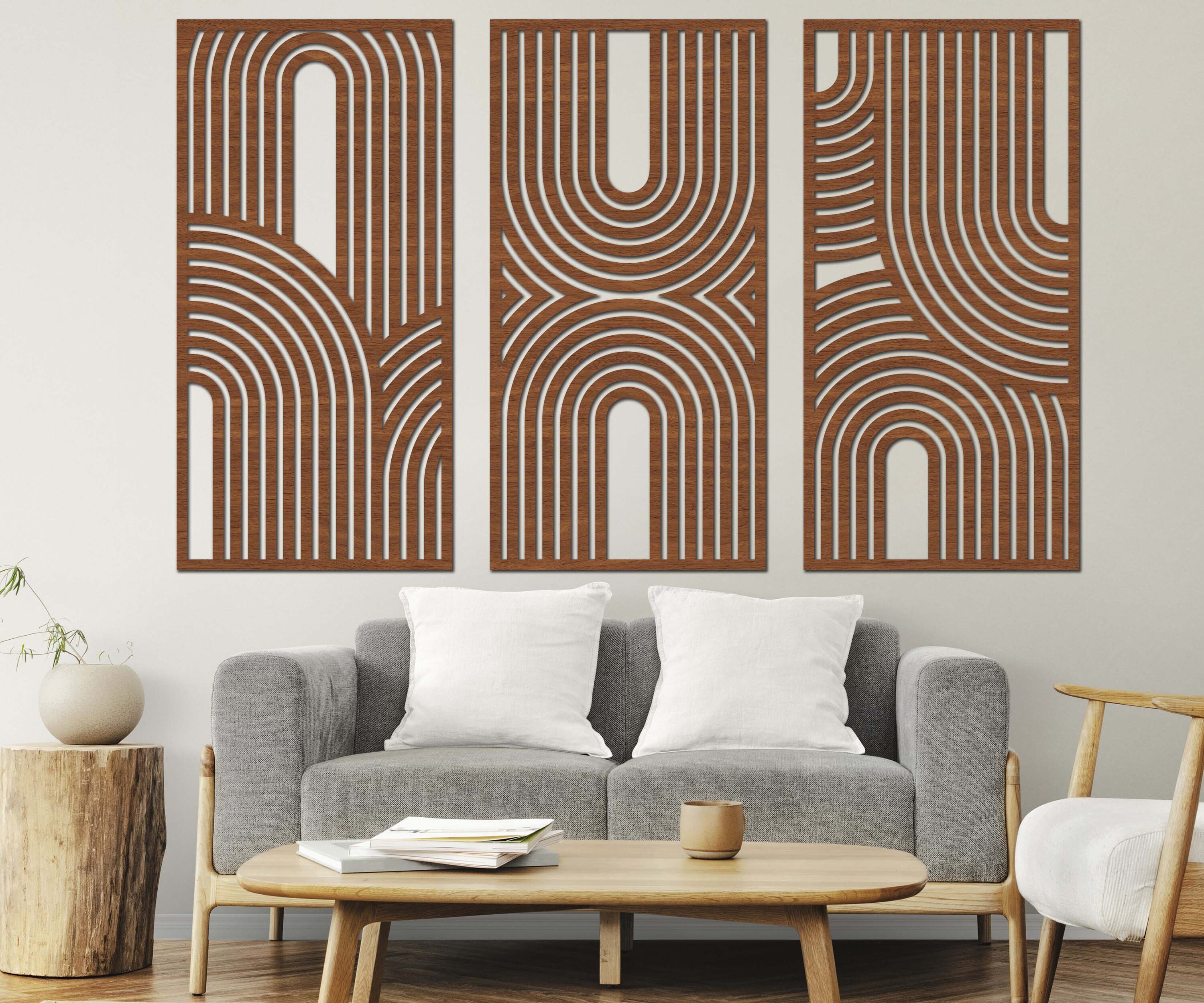 Mid Century Geometric Wood Wall Art: Modern Home Decor Set of 3 - Etsy