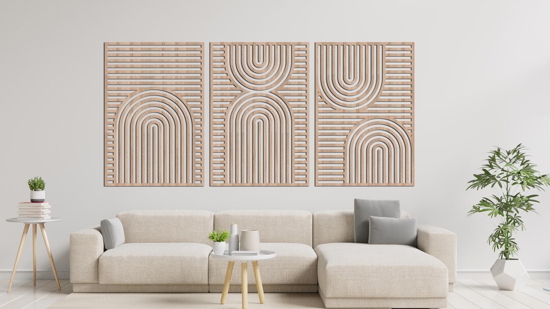 Rustic Boho Chic Set of 3 Mid Century Wood Wall Art, Geometric Panel ...