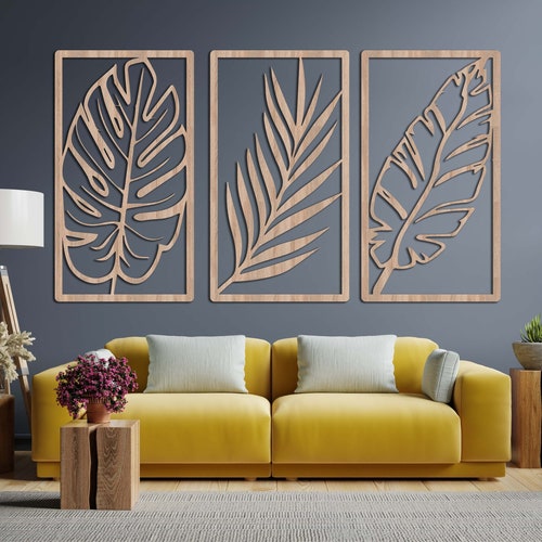 Tropical Palm Leaf Wall Art Set of 3 Handcrafted Wood Decor Etsy