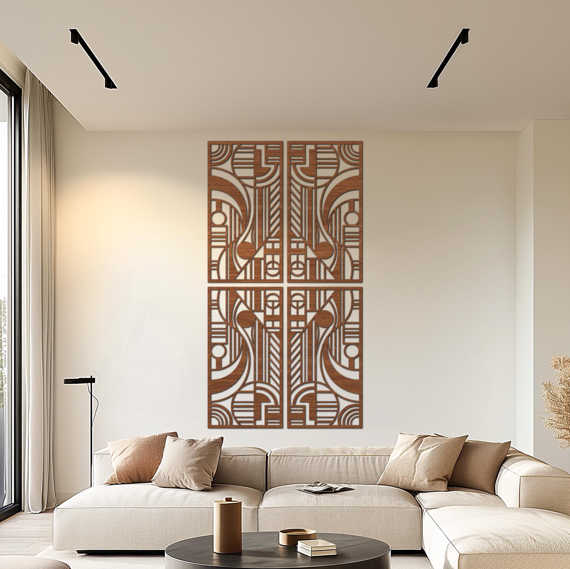Frank Lloyd With Panel Set of 4 Wood Wall Art, Handcrafted Wood Wall Art for a Modern Touch, Boho Chic Geometric Decor, Wood Wall Decor