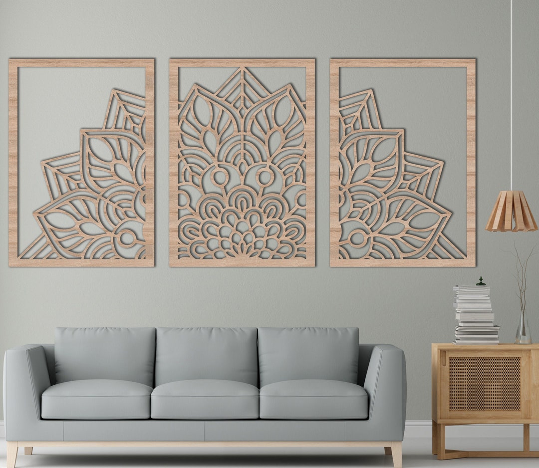 Mandala With Flower Panel Set of 3 Wood Wall Art, Beautiful Mandala