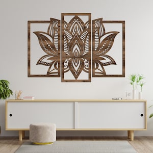 Lotus Mandala Wall Art - Set of 3 Panels Spiritual Zen Wooden Flower ...