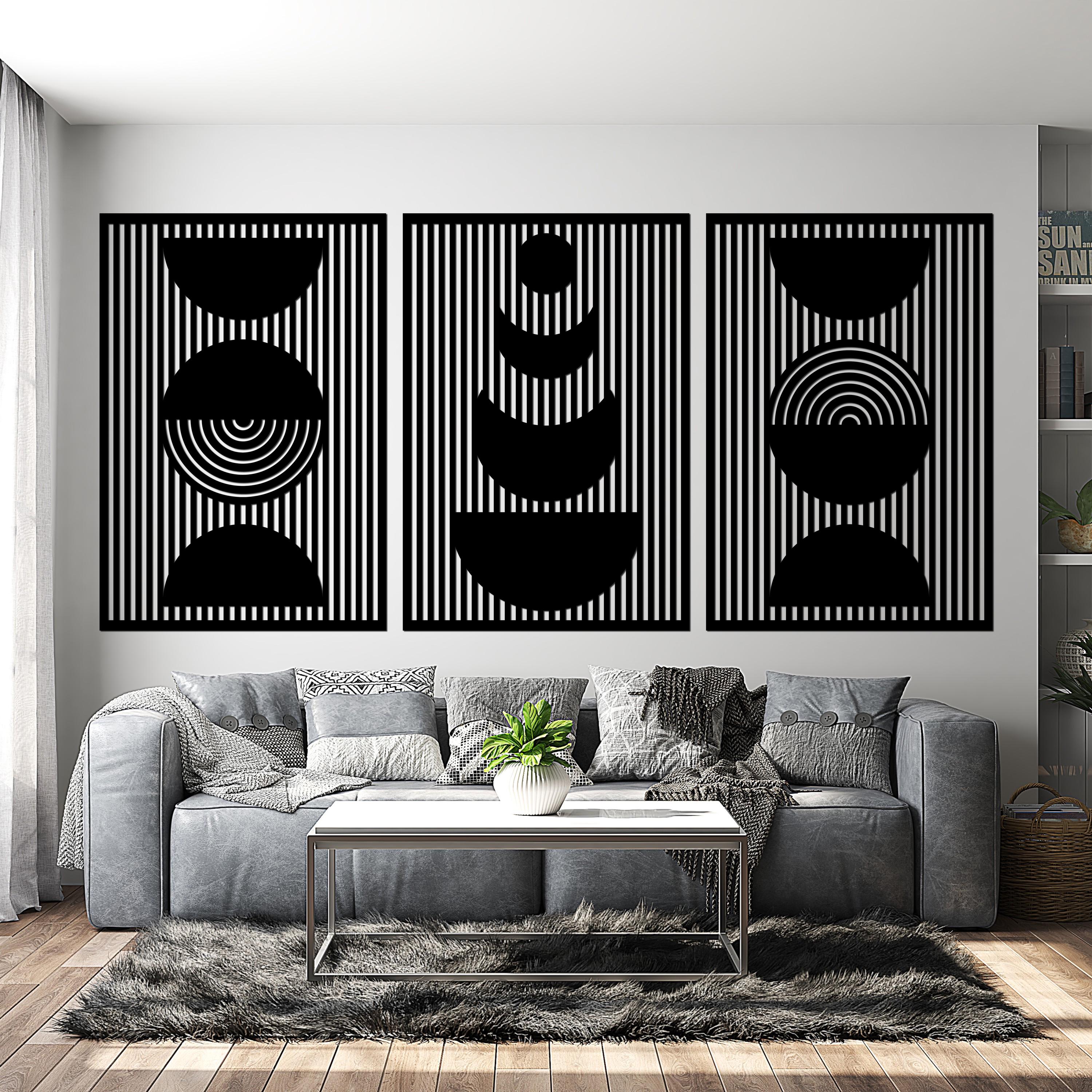 Triptych Panel Calm Curves Wood Wall Art - Mid Century Modern Japandi Geometric ...