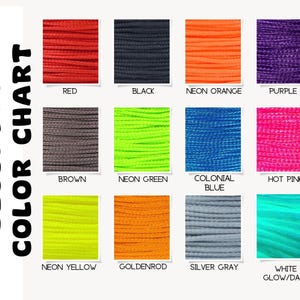 Puede incluir: Carta de colores que muestra 12 colores diferentes de cuerda, incluyendo rojo, negro, naranja ne&oacute;n, morado, marr&oacute;n, verde ne&oacute;n, azul colonial, rosa intenso, amarillo ne&oacute;n, amarillo dorado, gris plateado y blanco que brilla en la oscuridad.