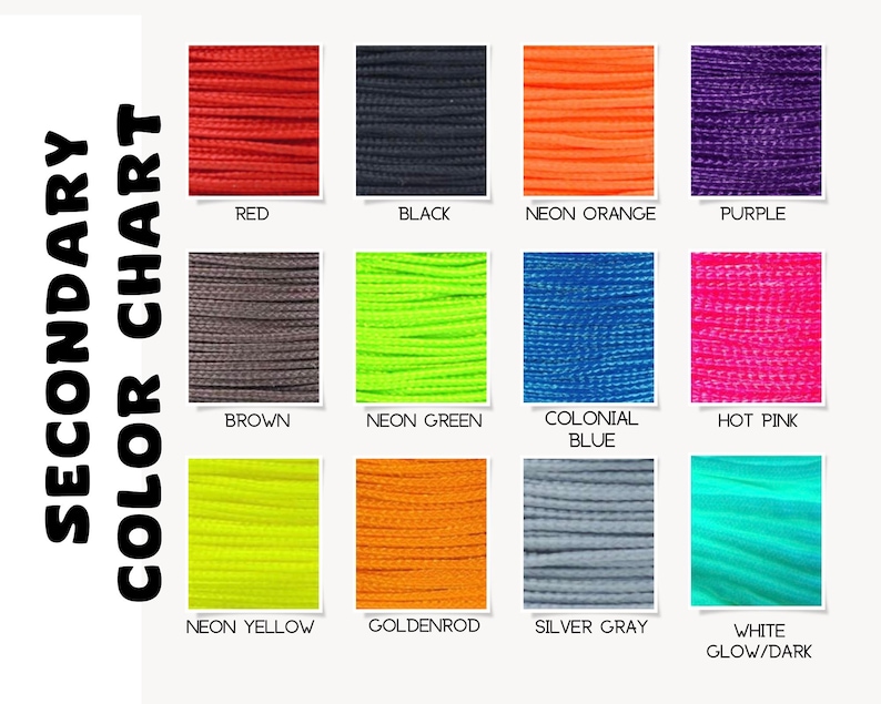 Puede incluir: Carta de colores que muestra 12 colores diferentes de cuerda, incluyendo rojo, negro, naranja ne&oacute;n, morado, marr&oacute;n, verde ne&oacute;n, azul colonial, rosa intenso, amarillo ne&oacute;n, amarillo dorado, gris plateado y blanco que brilla en la oscuridad.