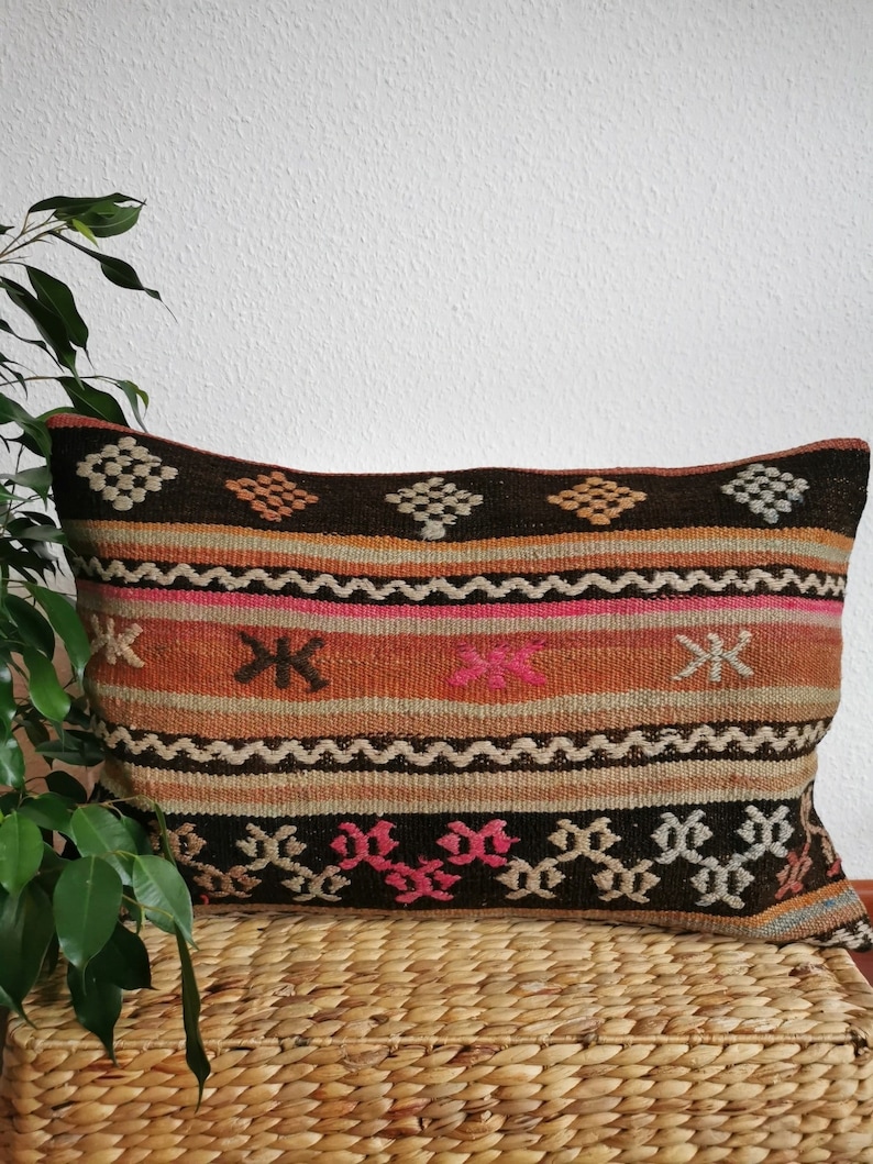 Colorful Vintage Kilim Pillow Case, Kilim Turkish Rectangular Pillows, Kilim Home Decor Cushion Cases, Bohemian Rug Sofa or Floor Pillows image 1