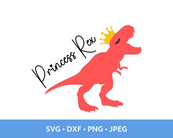 May include: A pink dinosaur silhouette with a yellow crown and eyelashes. The text "Princess Rex" is written in black cursive above the dinosaur.