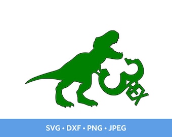 Festa a tema dinosauro Three Rex SVG, design T-Rex ruggente bambino fai da te, terzo compleanno Jurassic Cake Topper o file di taglio t-shirt