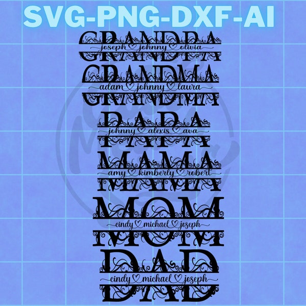 The Swirl Bundle, Mom Swirl Svg, Grandpa Svg, Dad Monogram Svg, Grandmother Split Name Frame, Mother's day svg, Fathers Day Svg, mama svg
