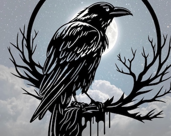 May include: Black silhouette of a raven perched on a bare tree branch with dripping paint, set against a backdrop of a crescent moon and a starry night sky.
