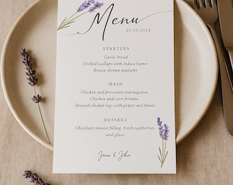 Lavender Wedding Menu Card – Elegant Floral Design (Digital Download)