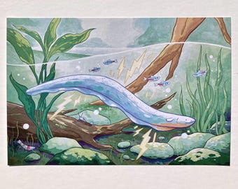 May include: A blue electric eel swims through a green and brown underwater scene. The eel is surrounded by small, red and blue fish and yellow lightning bolts. The scene is painted in a watercolor style.
