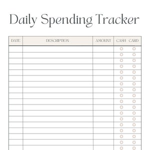 May include: A printable daily spending tracker with columns for date, description, amount, cash, and card. The tracker has 25 rows for recording daily expenses.