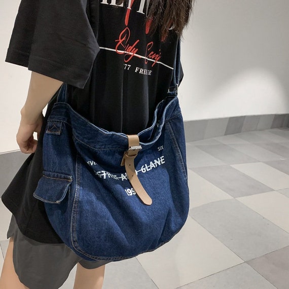 Washed Denim Crossbody Bag Blue Shoulder Bag Minimalist 