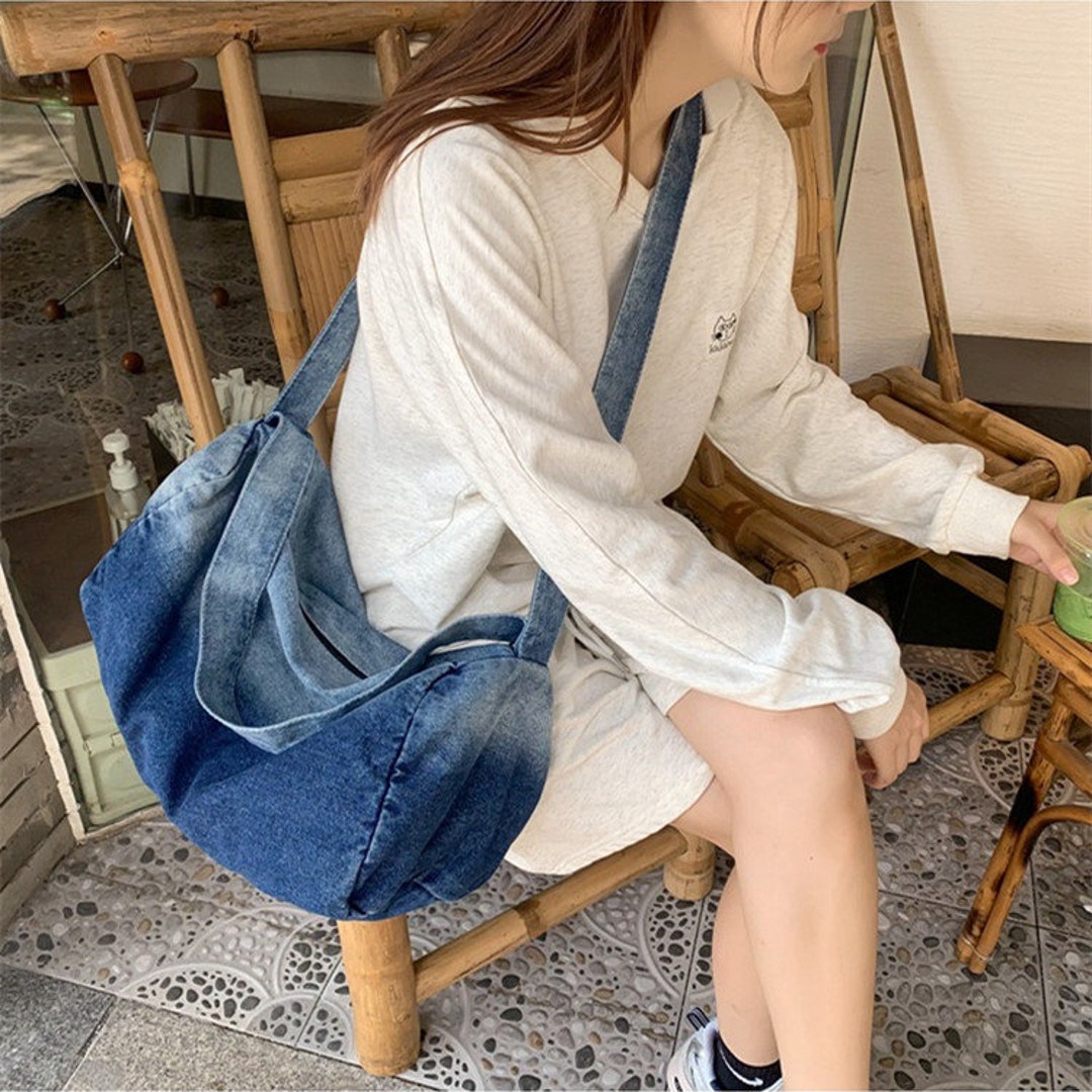 Washed Denim Crossbody Bag, Blue Shoulder Bag, Minimalist School Bag, Work Bag, Tote Bag, Grocery Bag, Streetwear Bag