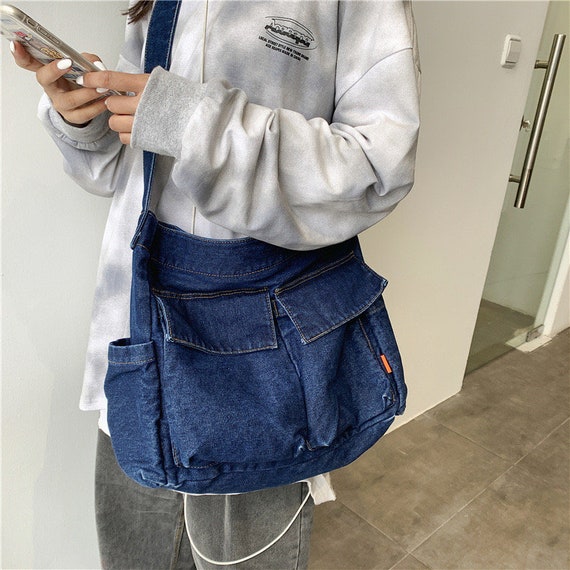 Washed Denim Messenger Bag Minimalist Shoulder Bag High 