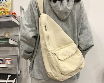 Minimalist Single Shoulder Backpack, Cotton Canvas Backpack, Crossbody Bag, Outdoor Bag, Chest Bag, School Bag, 4 colors available