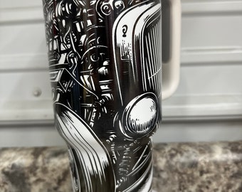 Hot rod, Muscle car, detailed auto engine laser engraved tumbler, race fan tumbler