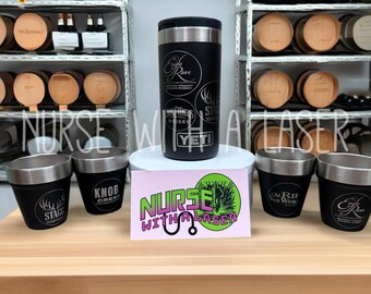 Yeti shot glasses with carrying case bourbon theme/ laser engraved
