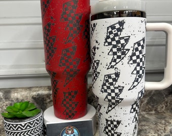 Race Mom 40oz Tumbler: Checkered Lightning Bolt Laser Engraved Cup
