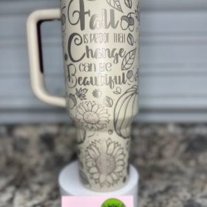 Custom floral tumbler with fall vibe laser etching Stanley cup. Stanley cup with custom wildflower tumbler. Laser engraved pumpkin mug. Autumn mug. Autumn travel mug. Custom Stanley fall design tumbler. Fall season tumbler.