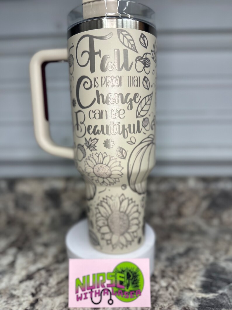 Custom floral tumbler with fall vibe laser etching Stanley cup. Stanley cup with custom wildflower tumbler. Laser engraved pumpkin mug. Autumn mug. Autumn travel mug. Custom Stanley fall design tumbler. Fall season tumbler.