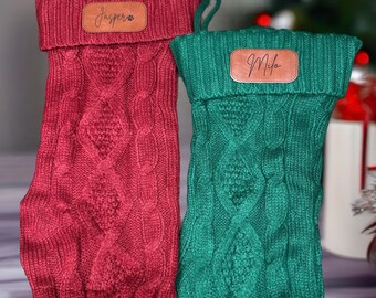 Personalized knit CHRISTMAS STOCKING, ENGRAVED leather patch
