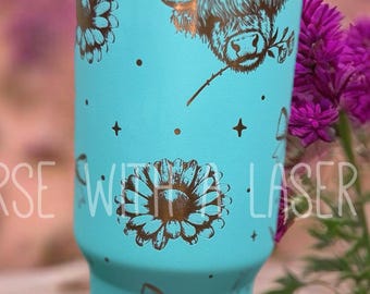 Highland Cow Tumbler | flowers, bows 40 Oz Laser Engraved Tumbler